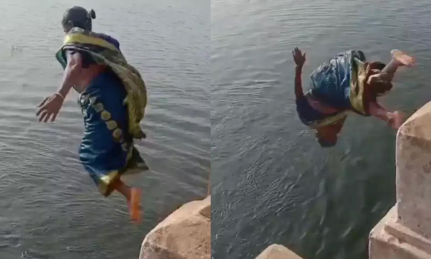 கல்லிடைக்குறிச்சியில் தாமிரபரணி ஆற்றில் 'டைவ்' அடித்து குளித்து மகிழும் மூதாட்டி